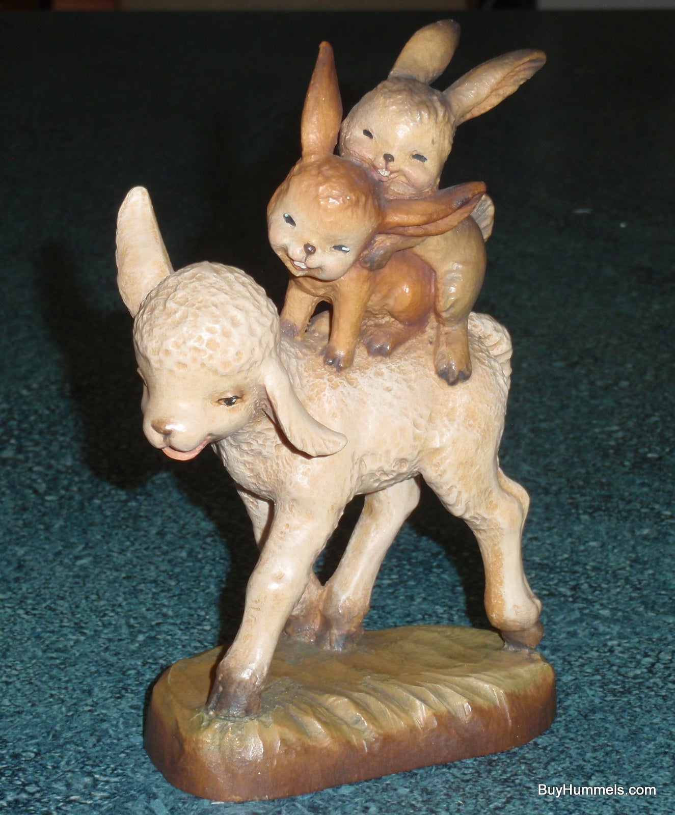 Anri Ferrandiz Wood Carved 6" Figurine "Spring Outing" - Two Rabbits Riding Lamb - Cute Gift!