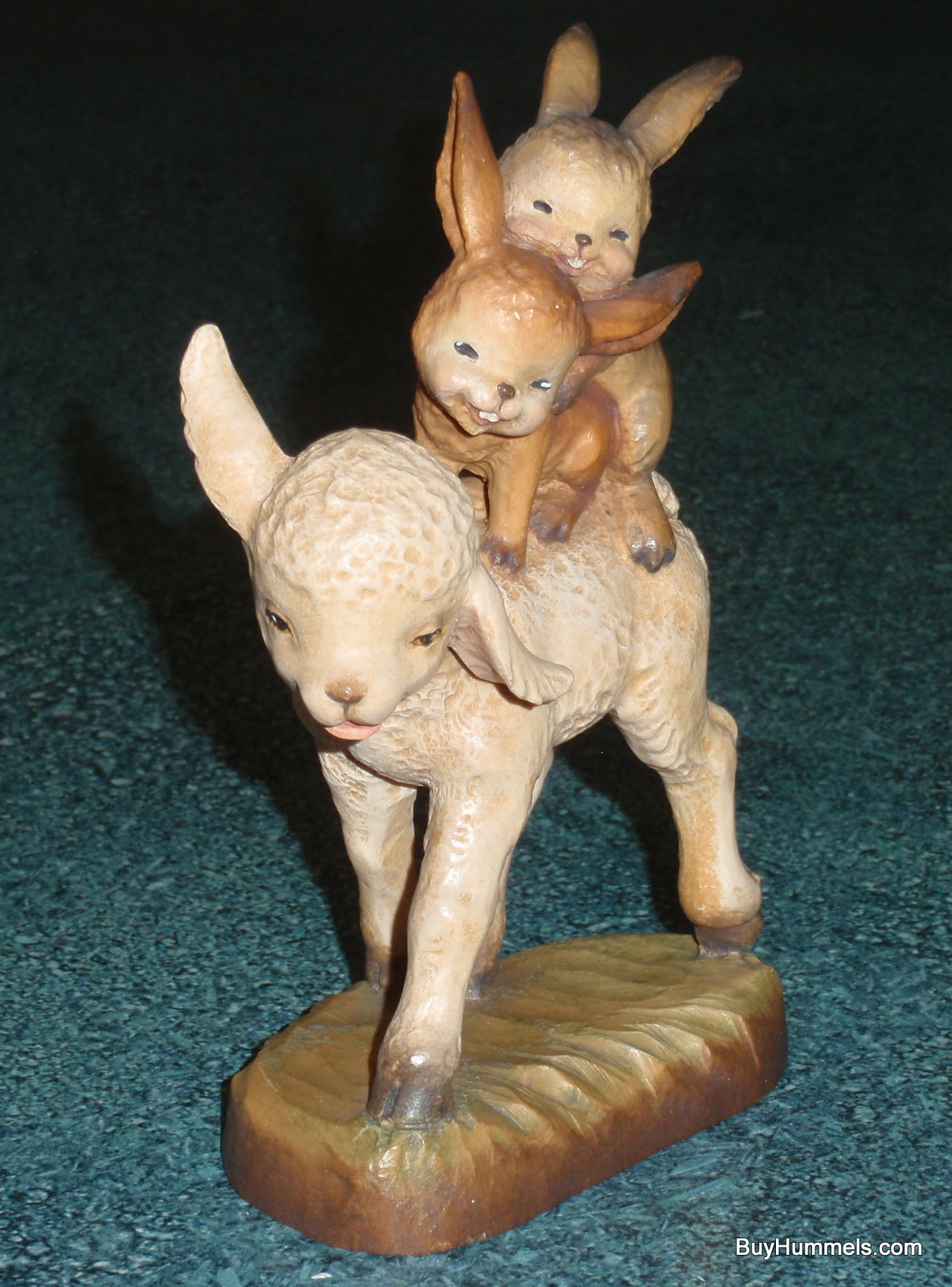 Anri Ferrandiz Wood Carved 6" Figurine "Spring Outing" - Two Rabbits Riding Lamb - Cute Gift!