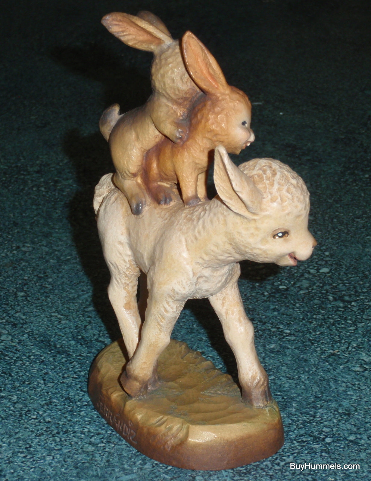 Anri Ferrandiz Wood Carved 6" Figurine "Spring Outing" - Two Rabbits Riding Lamb - Cute Gift!