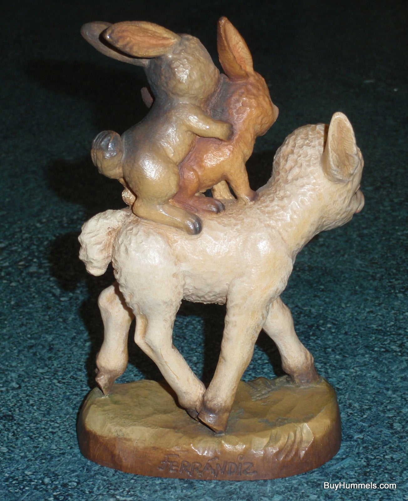 Anri Ferrandiz Wood Carved 6" Figurine "Spring Outing" - Two Rabbits Riding Lamb - Cute Gift!