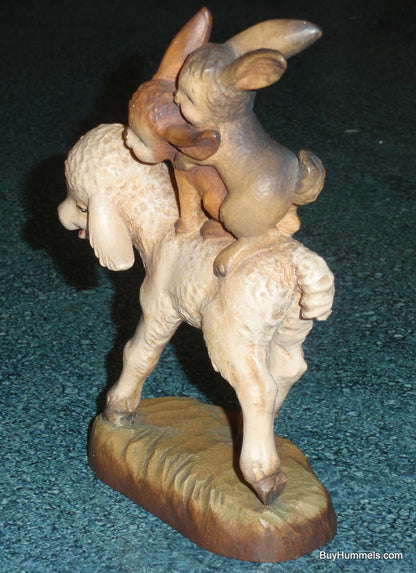 Anri Ferrandiz Wood Carved 6" Figurine "Spring Outing" - Two Rabbits Riding Lamb - Cute Gift!