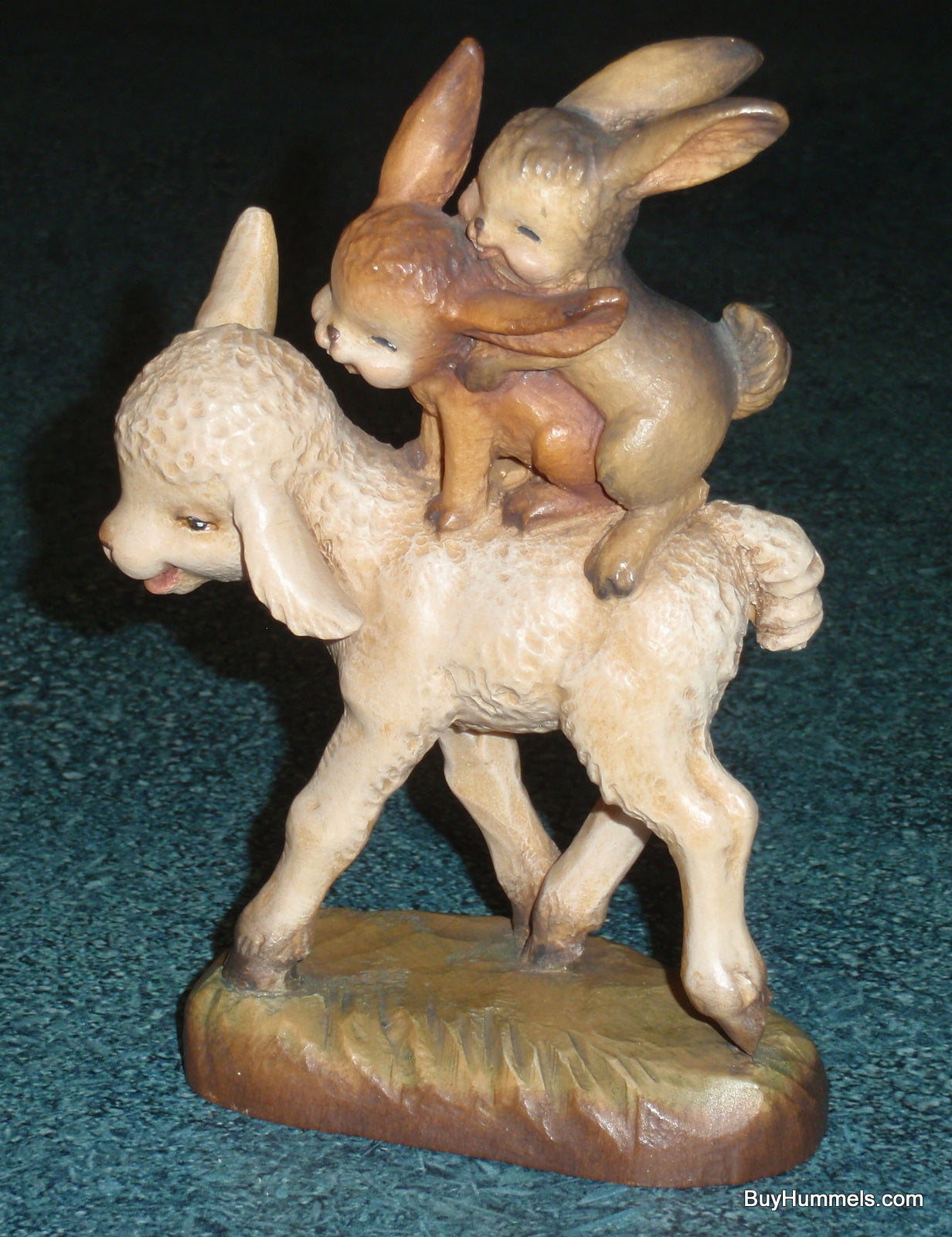 Anri Ferrandiz Wood Carved 6" Figurine "Spring Outing" - Two Rabbits Riding Lamb - Cute Gift!