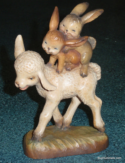 Anri Ferrandiz Wood Carved 6" Figurine "Spring Outing" - Two Rabbits Riding Lamb - Cute Gift!