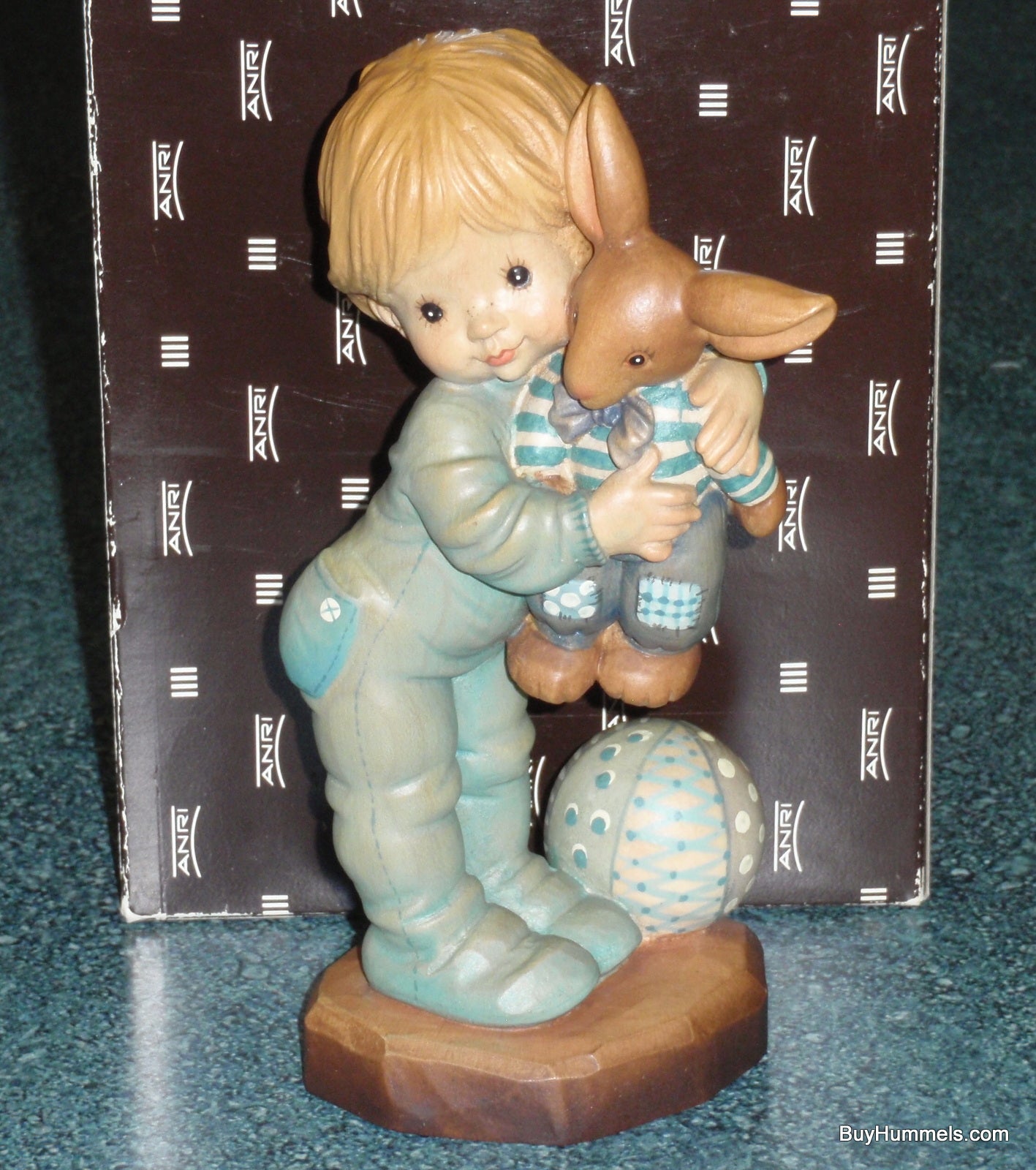 Anri "Bunny Hug" Hand Carved & Painted 7" Figurine By Sarah Kay - Little Boy With His Stuffed Animal - CUTE EASTER GIFT!