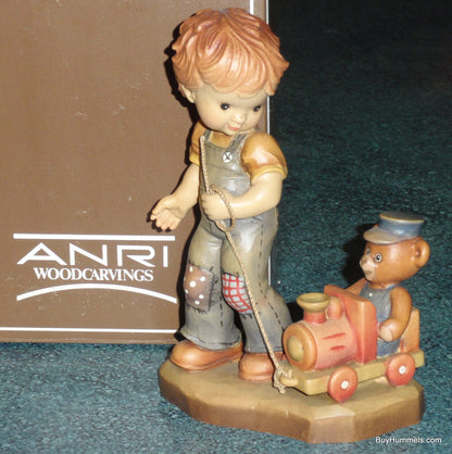 Anri Sarah Kay Valetine Figurine "All Aboard" Vintage 7" Figurine Made In Italy With Box - Little Boy With Toy Train And Teddy Bear - GIFT!