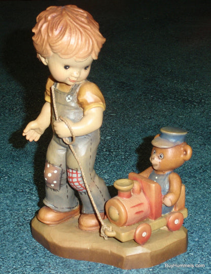 Anri Sarah Kay Valetine Figurine "All Aboard" Vintage 7" Figurine Made In Italy With Box - Little Boy With Toy Train And Teddy Bear - GIFT!