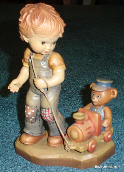 Anri Sarah Kay Valetine Figurine "All Aboard" Vintage 7" Figurine Made In Italy With Box - Little Boy With Toy Train And Teddy Bear - GIFT!