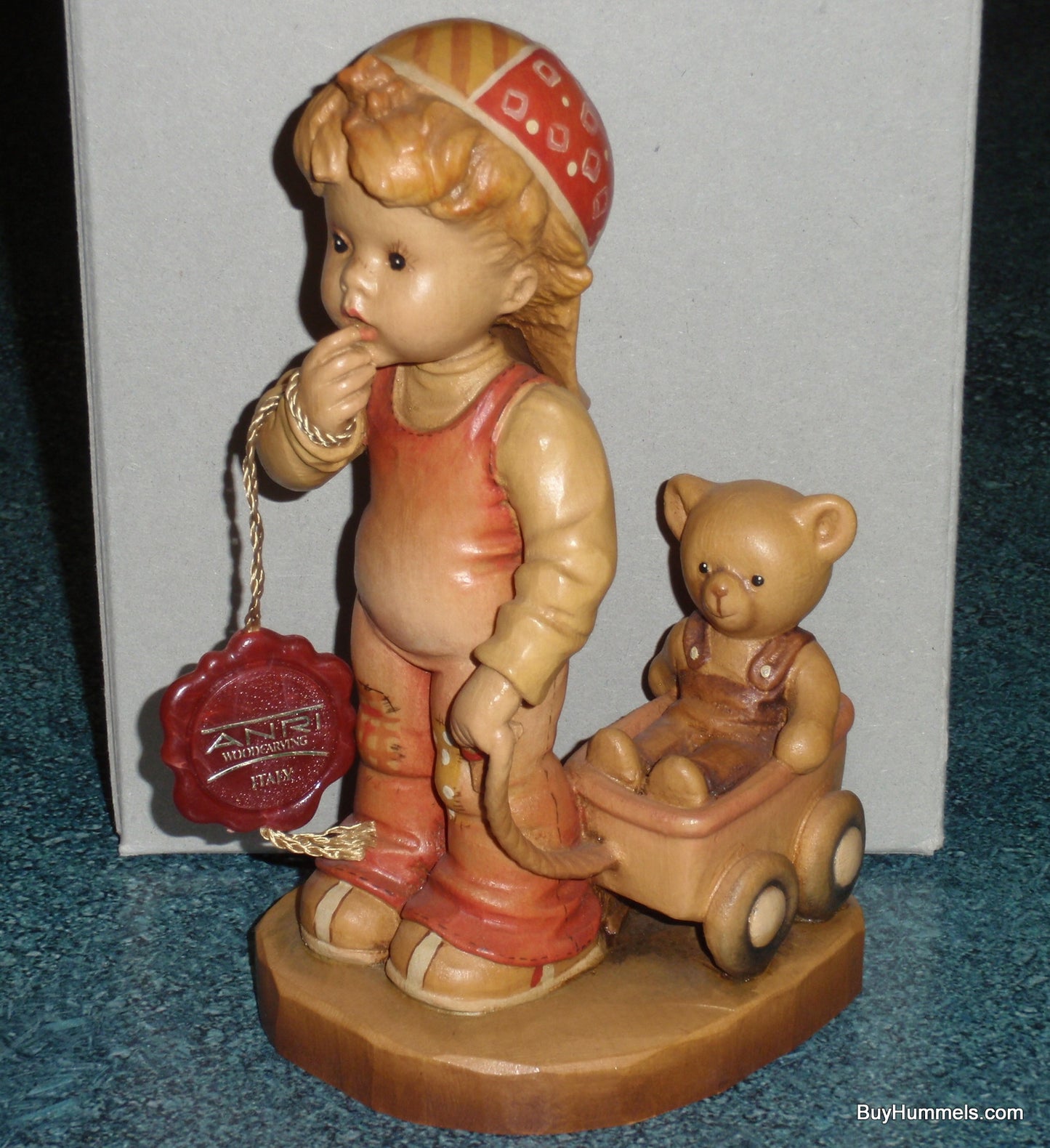 ANRI Sarah Kay Wood Carved 6" Figure "Finding Our Way" Great Gift With Original Box - Little Boy Pulling His Teddy Bear In Toy Wagon!