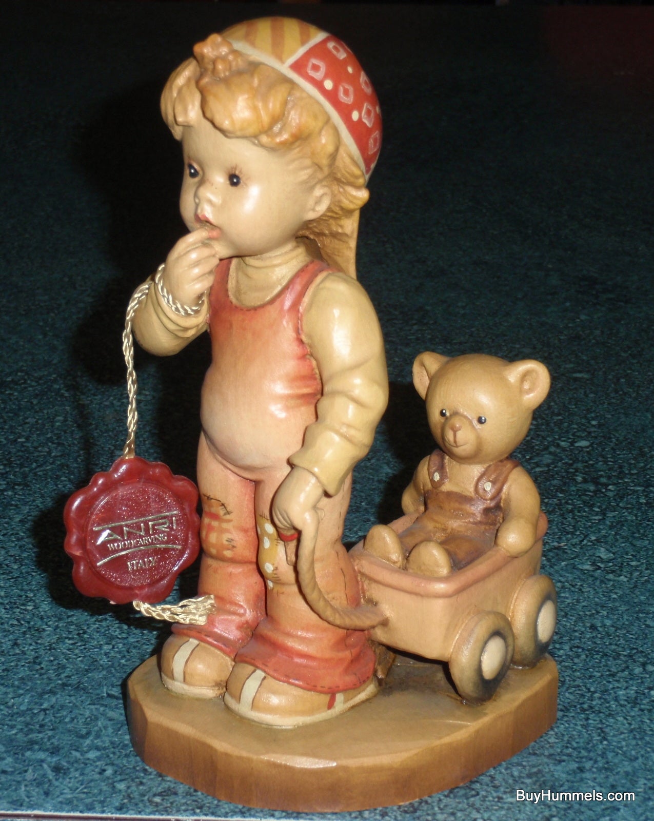 ANRI Sarah Kay Wood Carved 6" Figure "Finding Our Way" Great Gift With Original Box - Little Boy Pulling His Teddy Bear In Toy Wagon!