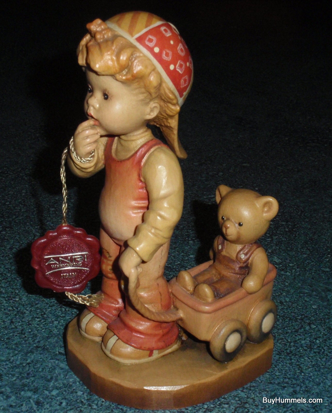 ANRI Sarah Kay Wood Carved 6" Figure "Finding Our Way" Great Gift With Original Box - Little Boy Pulling His Teddy Bear In Toy Wagon!