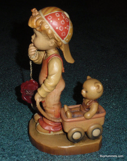 ANRI Sarah Kay Wood Carved 6" Figure "Finding Our Way" Great Gift With Original Box - Little Boy Pulling His Teddy Bear In Toy Wagon!