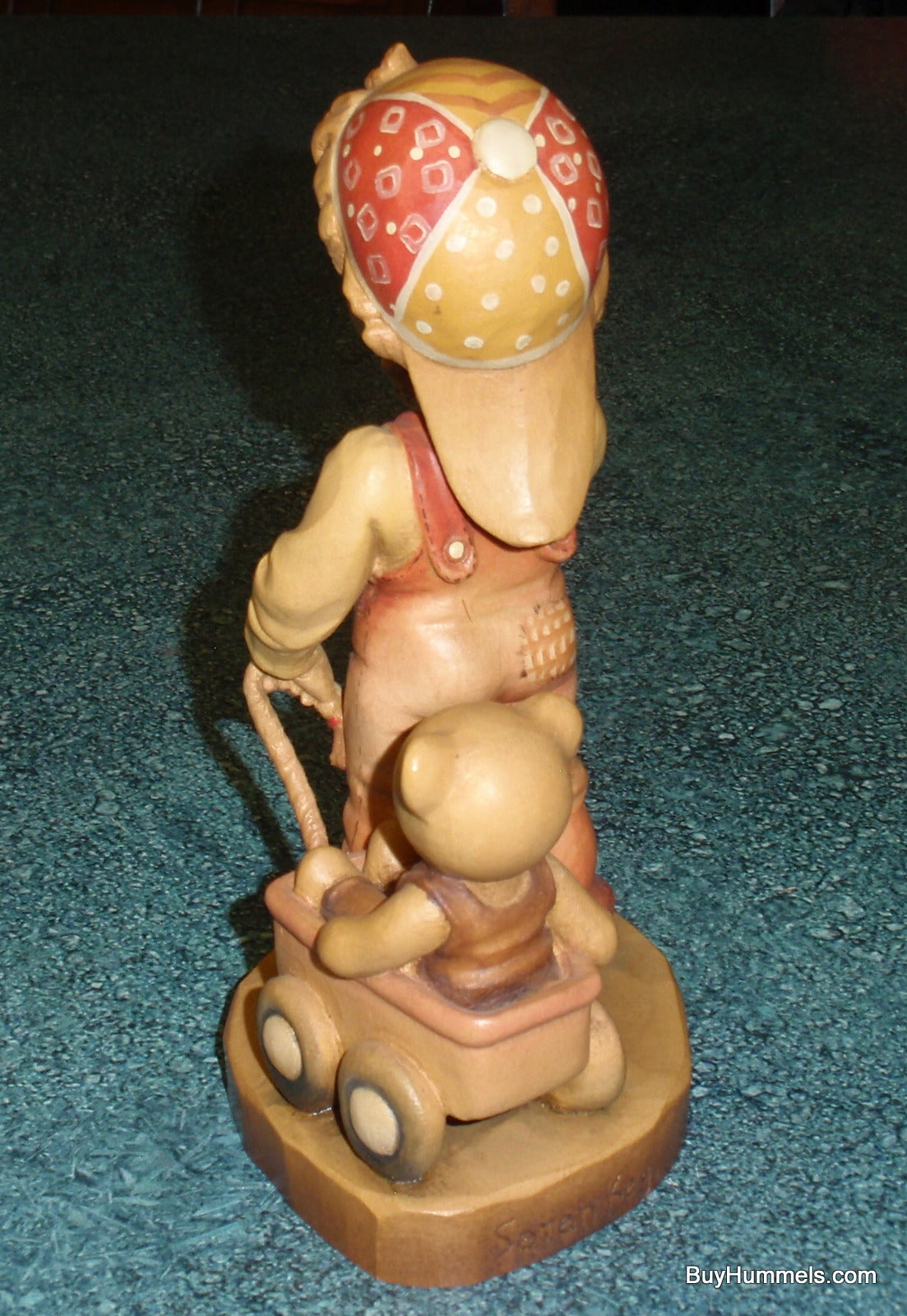 ANRI Sarah Kay Wood Carved 6" Figure "Finding Our Way" Great Gift With Original Box - Little Boy Pulling His Teddy Bear In Toy Wagon!