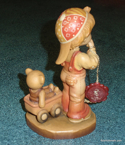 ANRI Sarah Kay Wood Carved 6" Figure "Finding Our Way" Great Gift With Original Box - Little Boy Pulling His Teddy Bear In Toy Wagon!