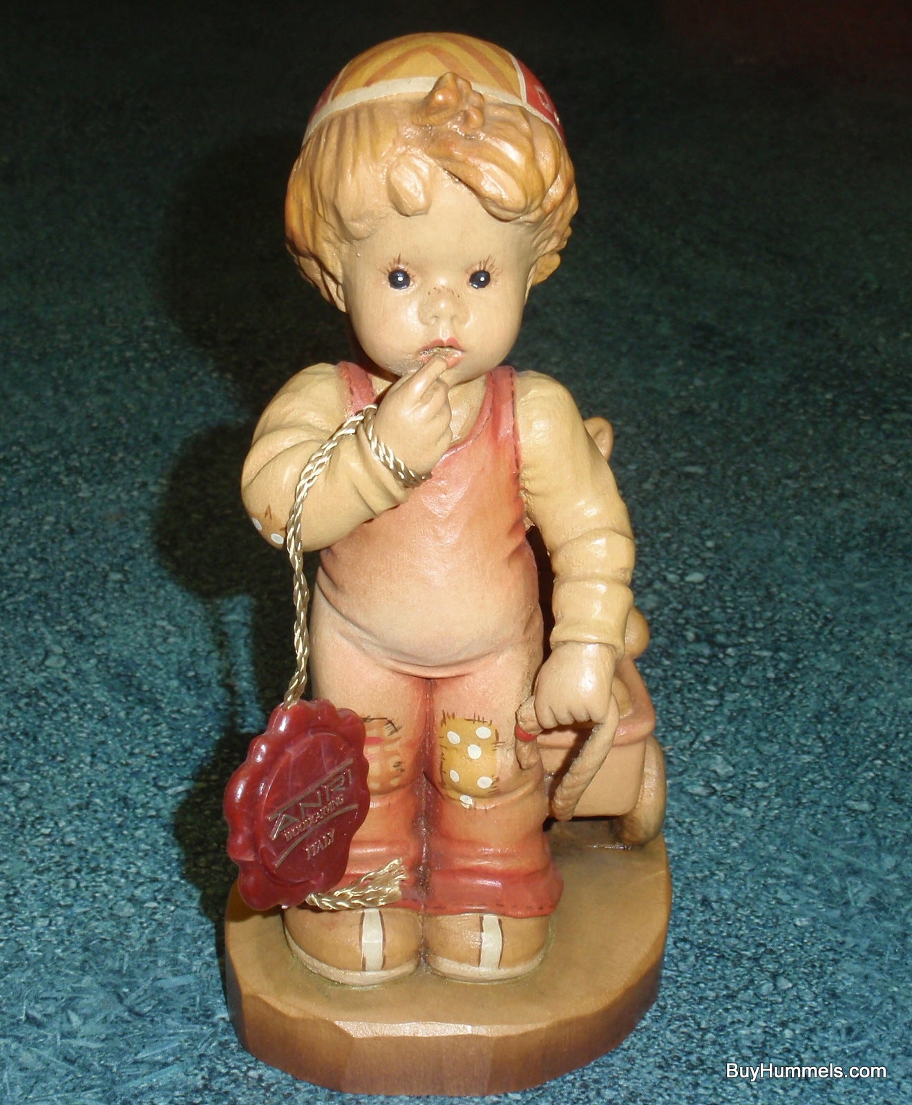 ANRI Sarah Kay Wood Carved 6" Figure "Finding Our Way" Great Gift With Original Box - Little Boy Pulling His Teddy Bear In Toy Wagon!