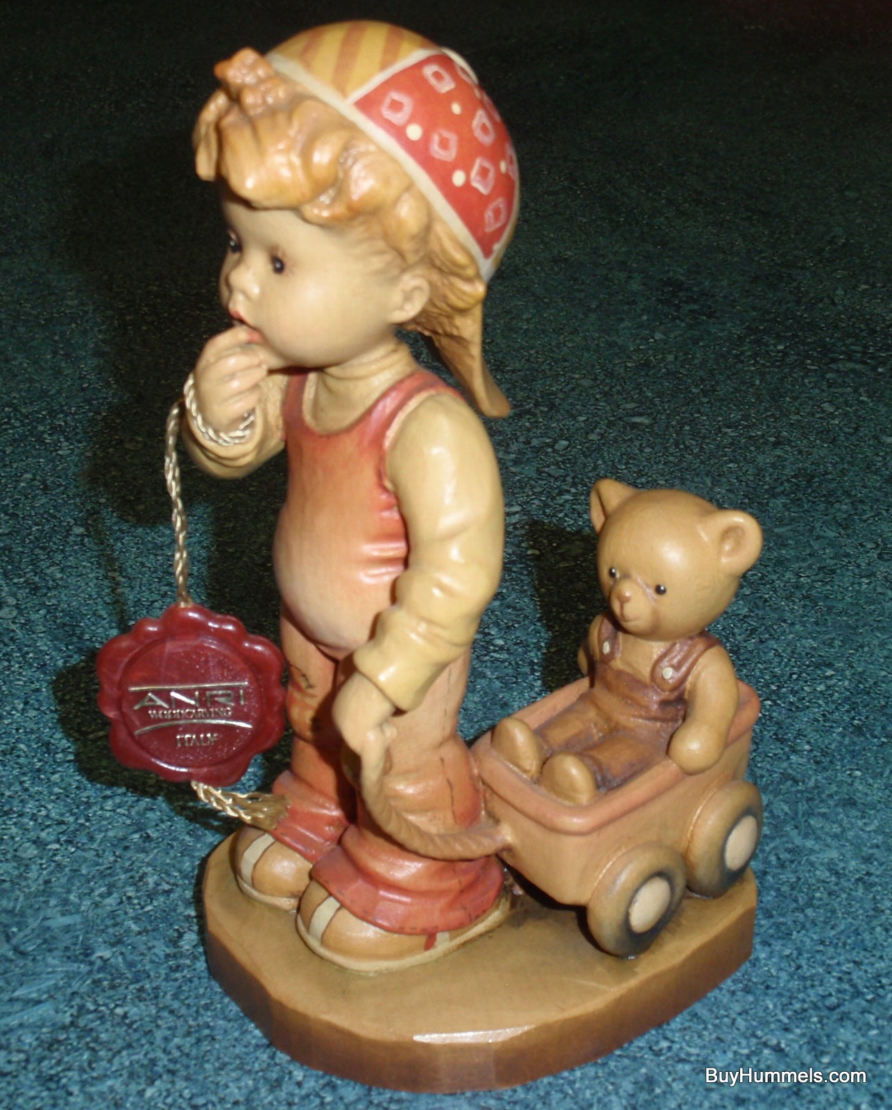 ANRI Sarah Kay Wood Carved 6" Figure "Finding Our Way" Great Gift With Original Box - Little Boy Pulling His Teddy Bear In Toy Wagon!