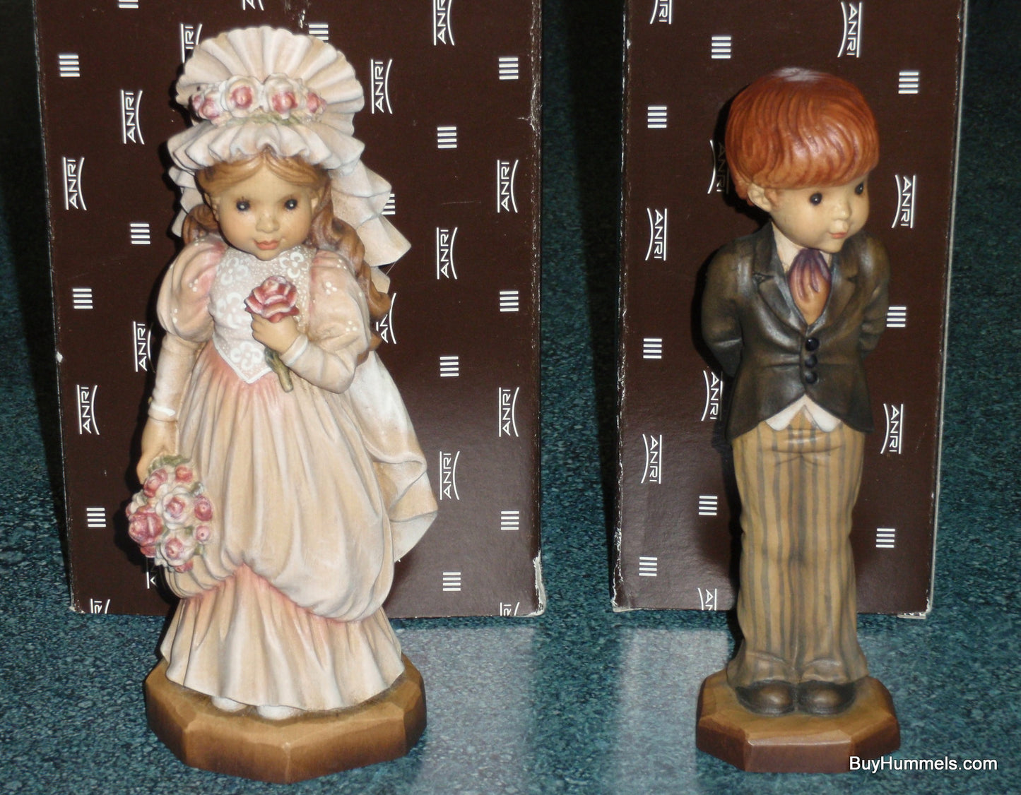 Anri 6” Bride Groom Wood Carving Figurines "With this Ring" & "To Love and Cherish" - Fantastic Collectible Wedding Gift From Italy!