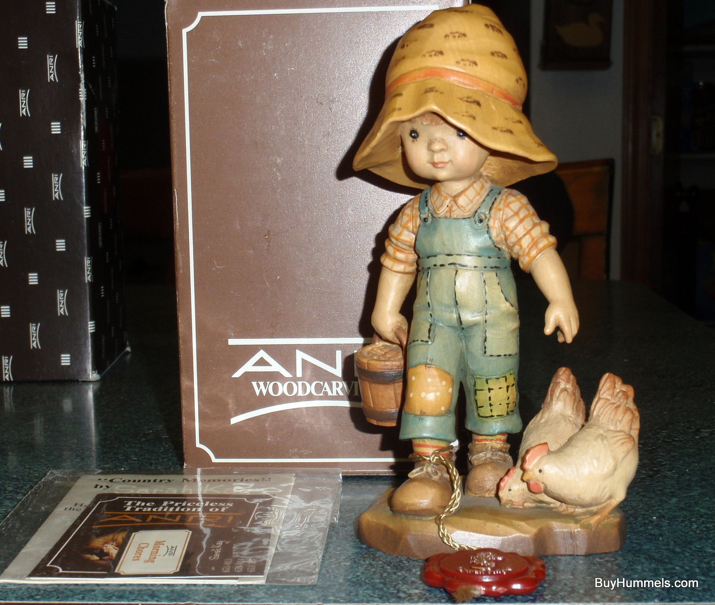 ANRI "Morning Chores" 6" Figurine By Sarah Kay With Original Box - Little Boy With BIG Hat Feeding Chickens - Cute Collectible Italian Gift!