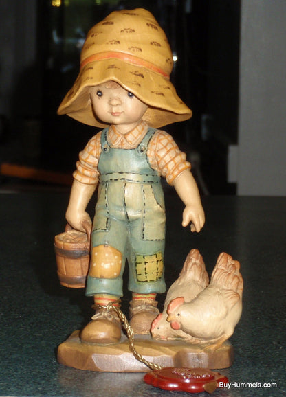 ANRI "Morning Chores" 6" Figurine By Sarah Kay With Original Box - Little Boy With BIG Hat Feeding Chickens - Cute Collectible Italian Gift!