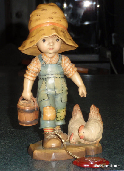 ANRI "Morning Chores" 6" Figurine By Sarah Kay With Original Box - Little Boy With BIG Hat Feeding Chickens - Cute Collectible Italian Gift!