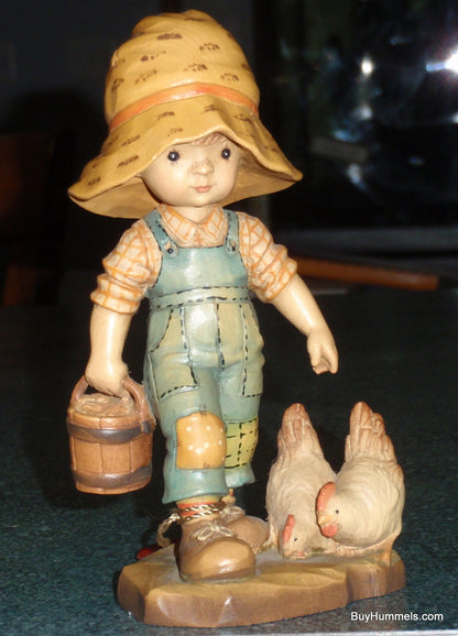 ANRI "Morning Chores" 6" Figurine By Sarah Kay With Original Box - Little Boy With BIG Hat Feeding Chickens - Cute Collectible Italian Gift!