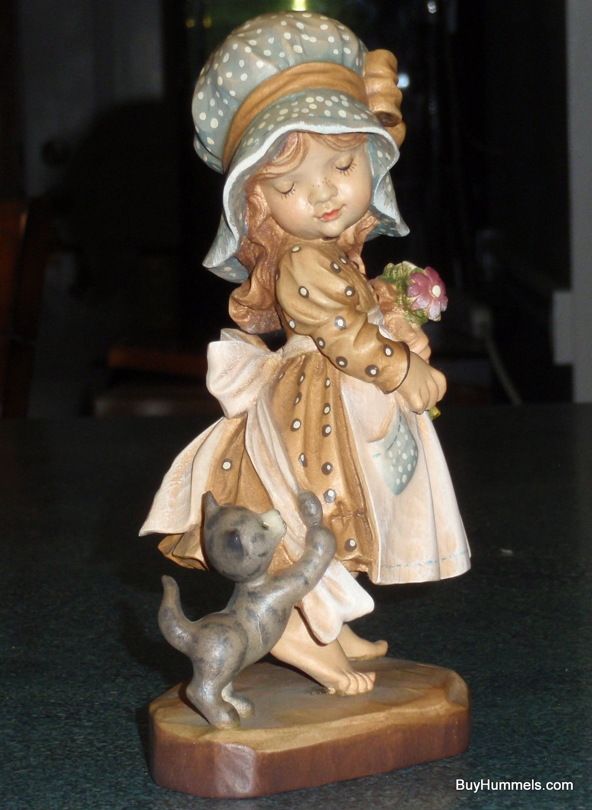 6" Anri Sarah Kay "Take Me Along " Wood Carving Figurine With Original Box - Little Barefoot Girl In Dress With Her Kitten!