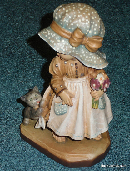 6" Anri Sarah Kay "Take Me Along " Wood Carving Figurine With Original Box - Little Barefoot Girl In Dress With Her Kitten!