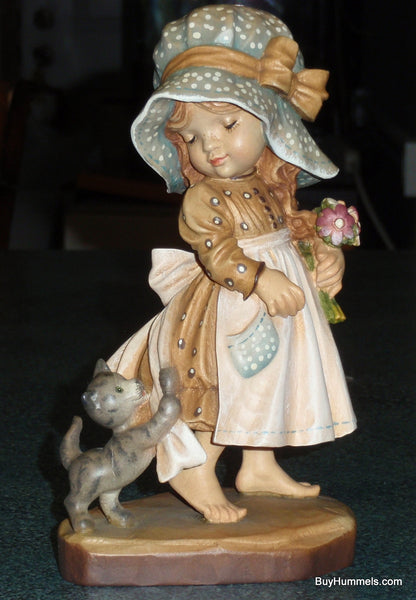 6" Anri Sarah Kay "Take Me Along " Wood Carving Figurine With Original Box - Little Barefoot Girl In Dress With Her Kitten!