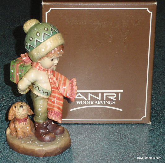 Anri Sarah Kay “TIS THE SEASON” Christmas Woodcarving 6" Figurine With Box - Little Boy With Puppy Dog And Christmas Gift!