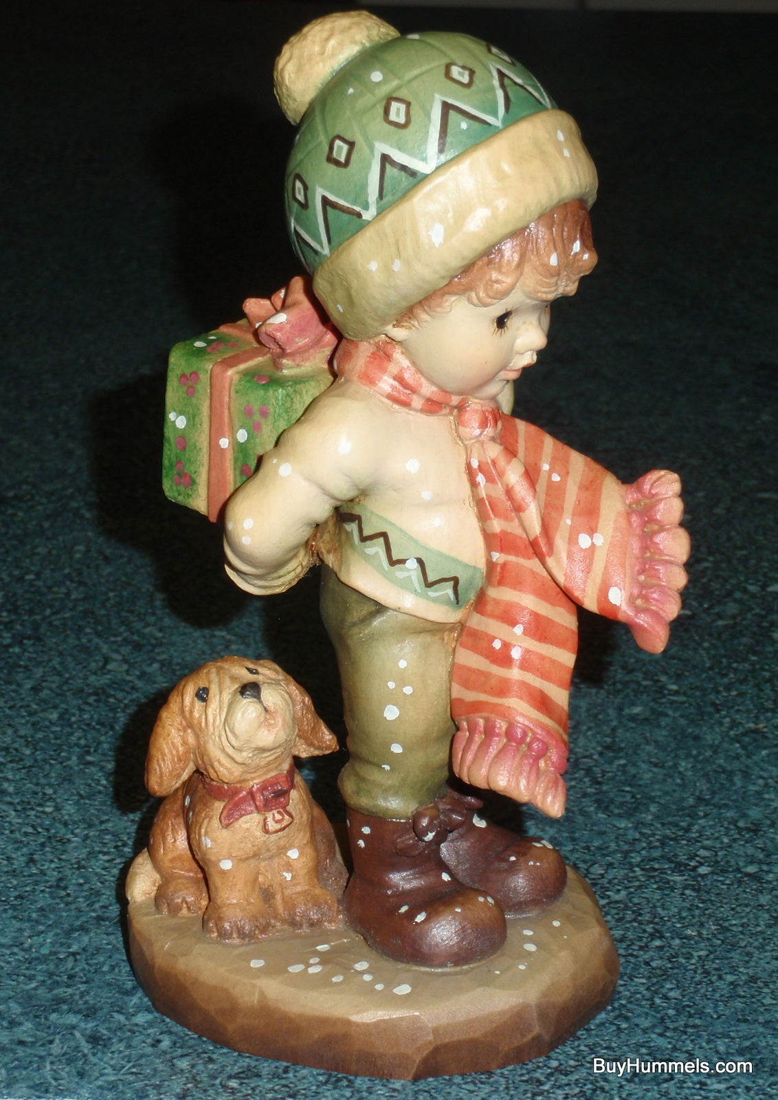 Anri Sarah Kay “TIS THE SEASON” Christmas Woodcarving 6" Figurine With Box - Little Boy With Puppy Dog And Christmas Gift!