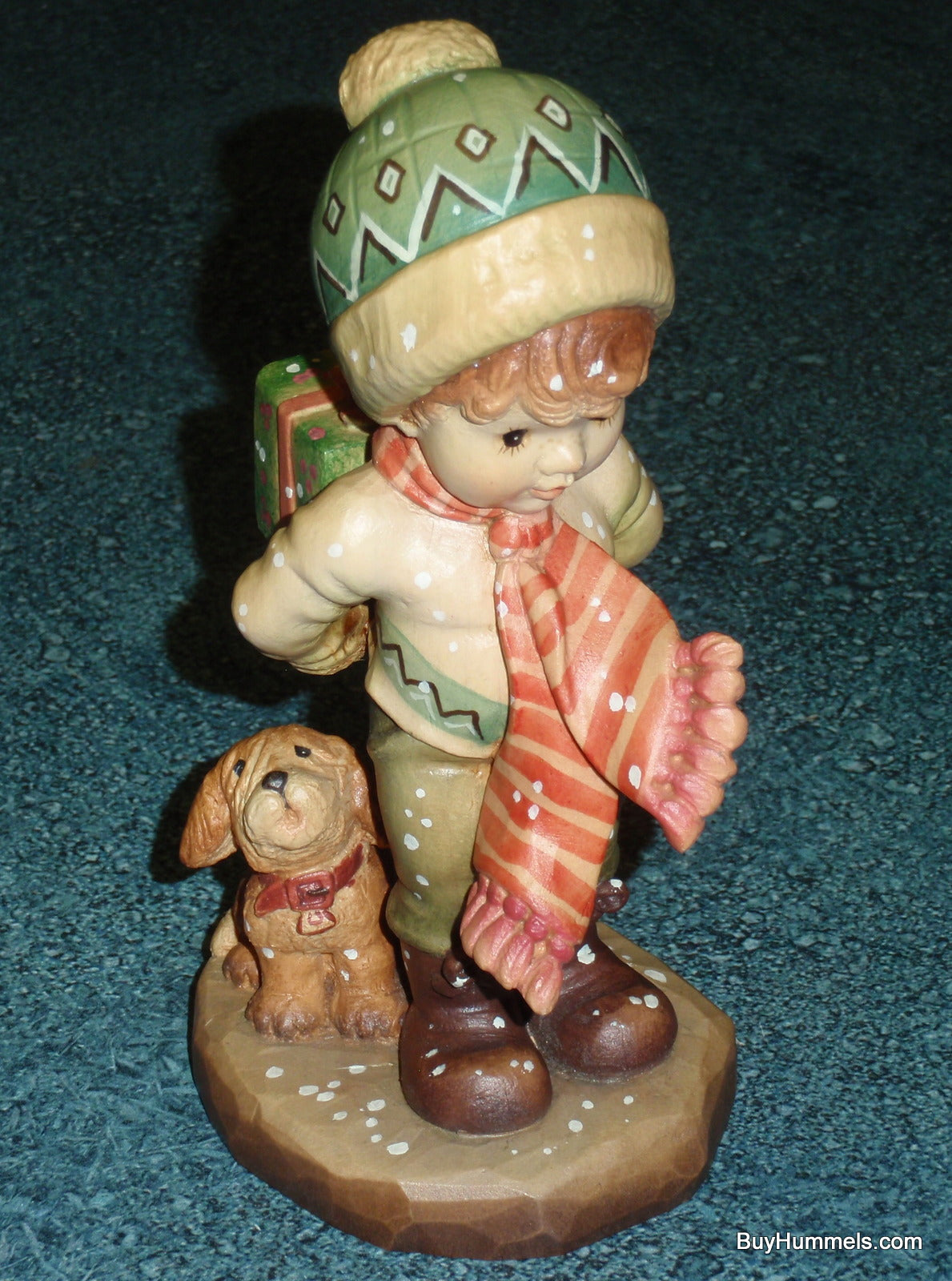 Anri Sarah Kay “TIS THE SEASON” Christmas Woodcarving 6" Figurine With Box - Little Boy With Puppy Dog And Christmas Gift!