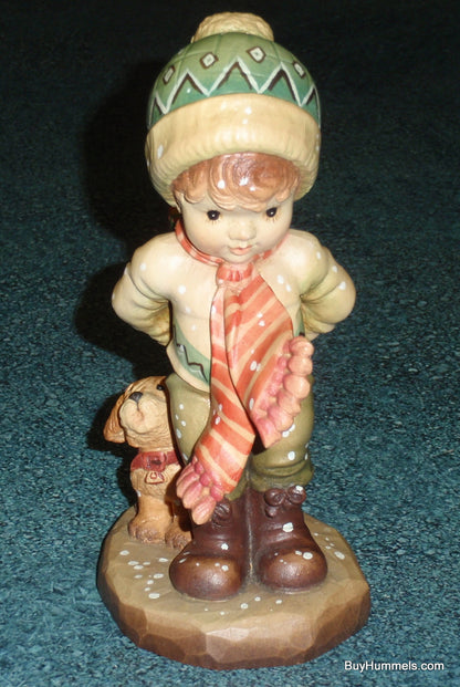 Anri Sarah Kay “TIS THE SEASON” Christmas Woodcarving 6" Figurine With Box - Little Boy With Puppy Dog And Christmas Gift!