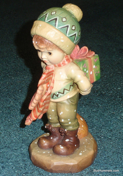 Anri Sarah Kay “TIS THE SEASON” Christmas Woodcarving 6" Figurine With Box - Little Boy With Puppy Dog And Christmas Gift!