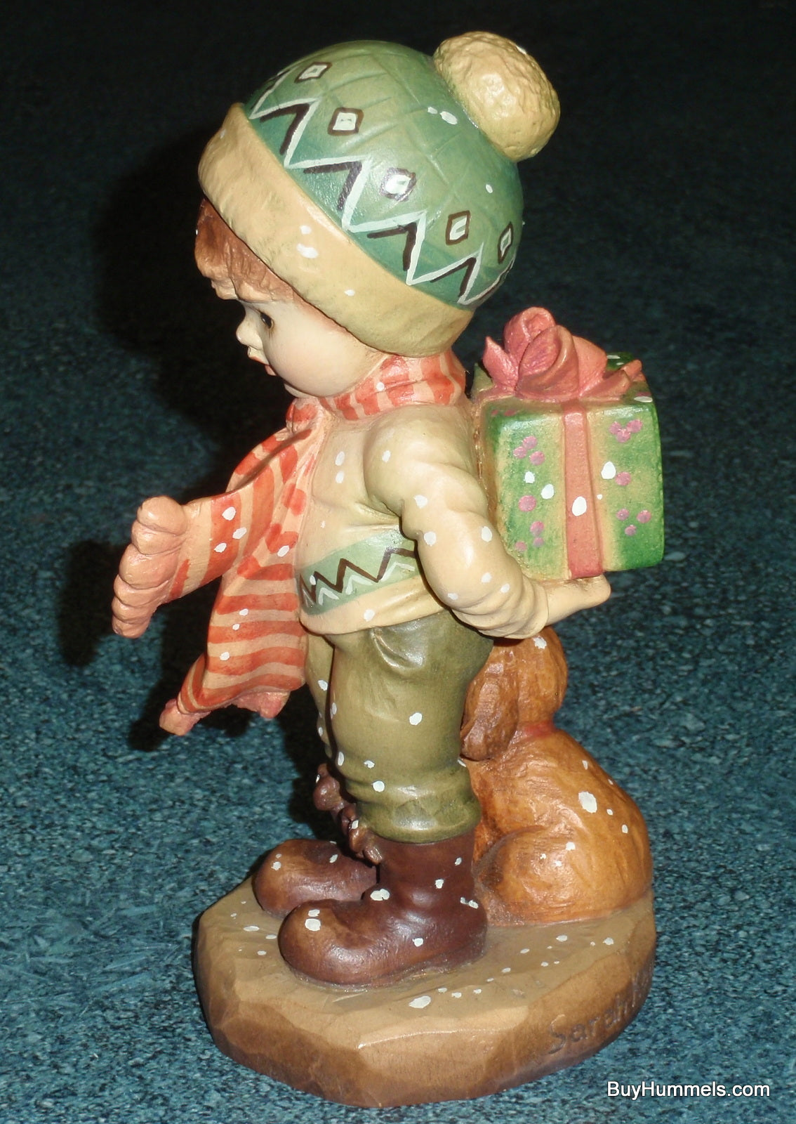 Anri Sarah Kay “TIS THE SEASON” Christmas Woodcarving 6" Figurine With Box - Little Boy With Puppy Dog And Christmas Gift!