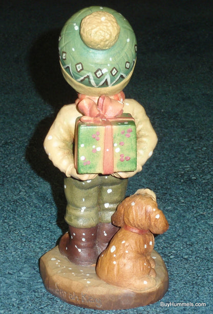 Anri Sarah Kay “TIS THE SEASON” Christmas Woodcarving 6" Figurine With Box - Little Boy With Puppy Dog And Christmas Gift!