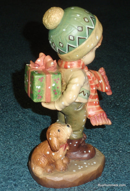 Anri Sarah Kay “TIS THE SEASON” Christmas Woodcarving 6" Figurine With Box - Little Boy With Puppy Dog And Christmas Gift!