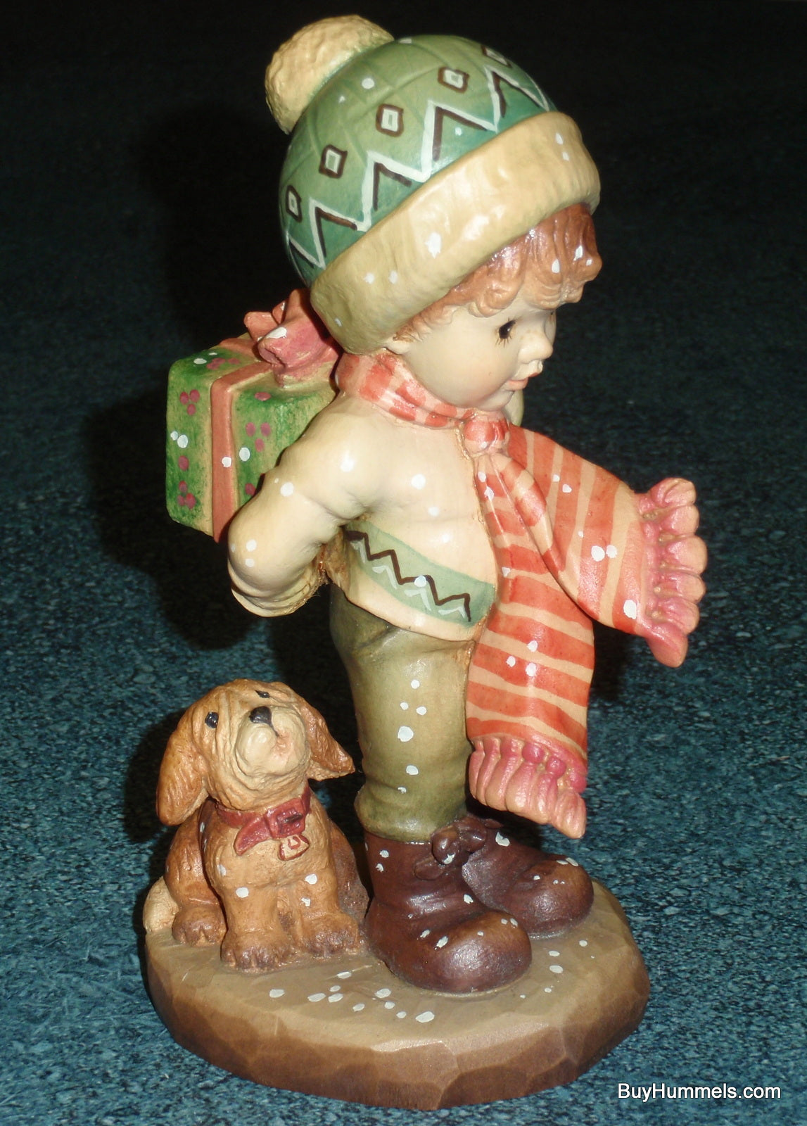 Anri Sarah Kay “TIS THE SEASON” Christmas Woodcarving 6" Figurine With Box - Little Boy With Puppy Dog And Christmas Gift!