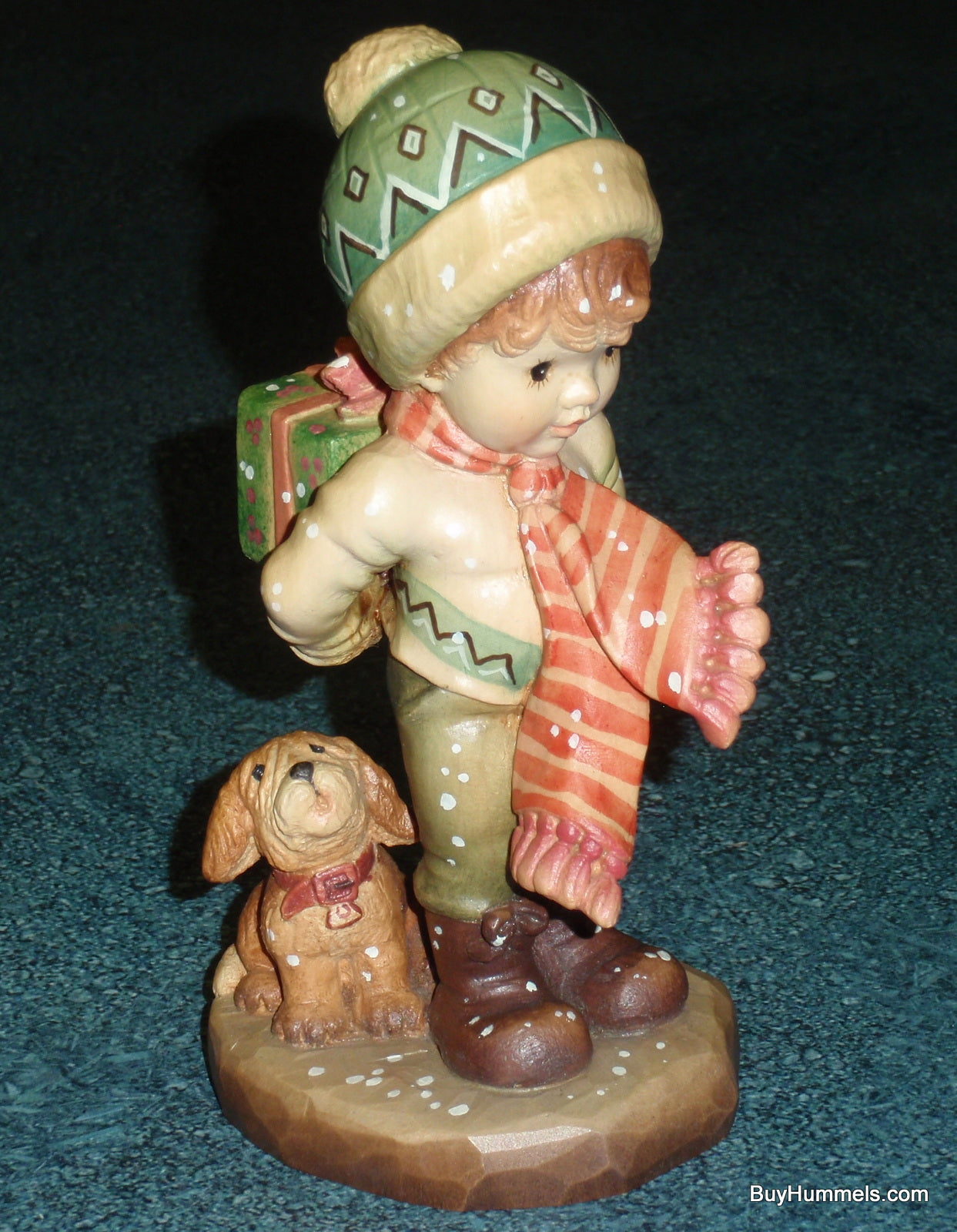 Anri Sarah Kay “TIS THE SEASON” Christmas Woodcarving 6" Figurine With Box - Little Boy With Puppy Dog And Christmas Gift!