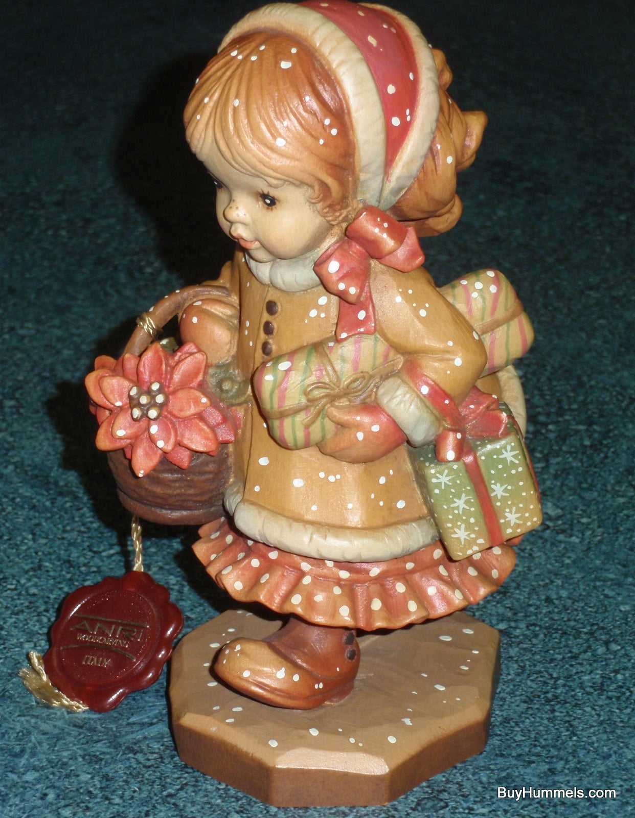 6" Anri Sarah Kay "Yuletide Cheer" Christmas Wood Carving Figurine With Original Box - Little Girl With Armful Of Presents!