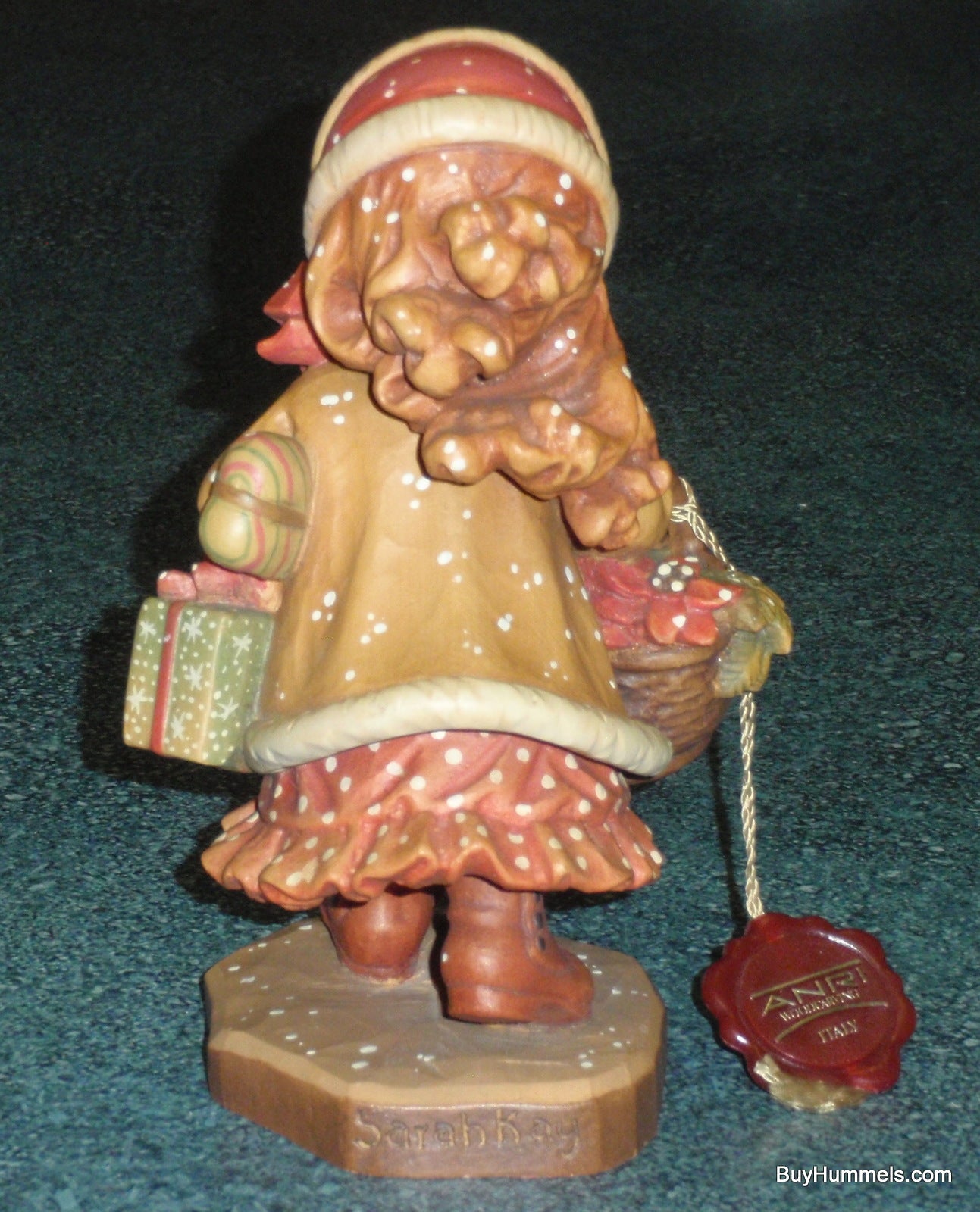 6" Anri Sarah Kay "Yuletide Cheer" Christmas Wood Carving Figurine With Original Box - Little Girl With Armful Of Presents!