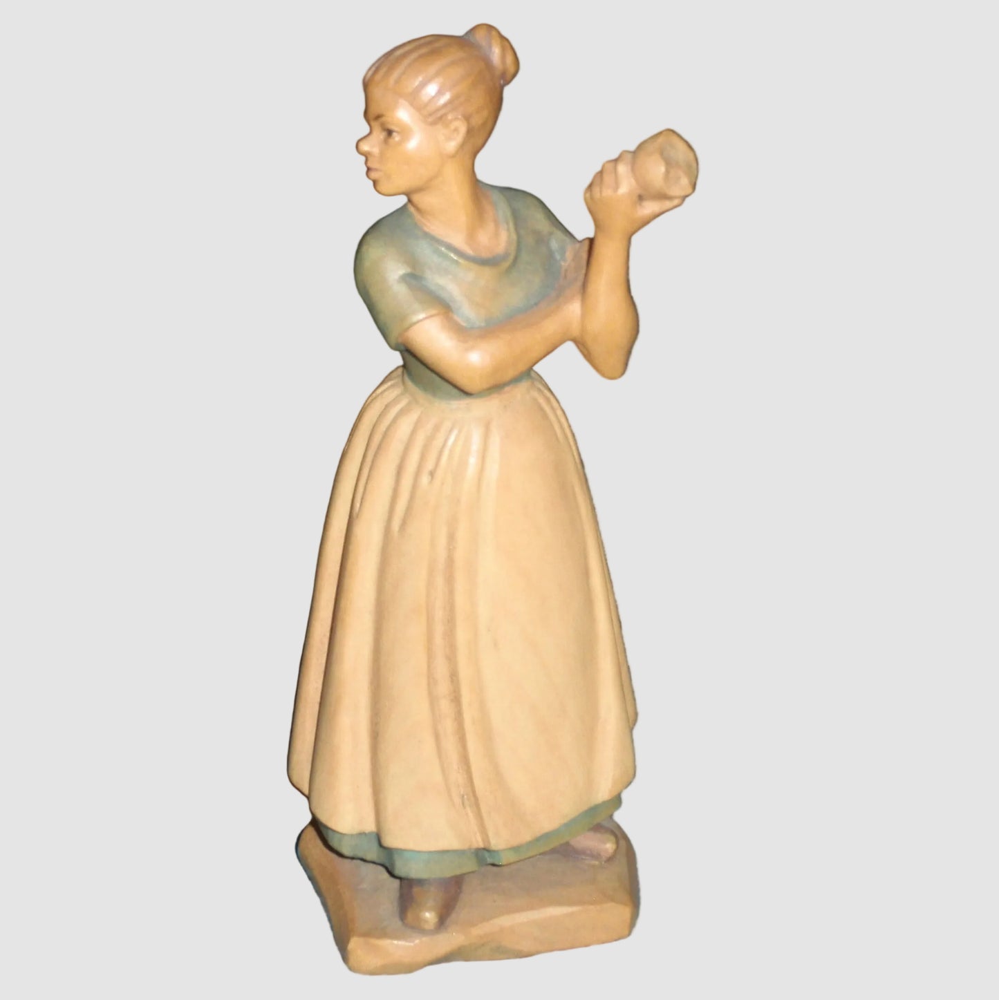 "Farm Woman Eating Fruit" Anri Wood Carving Figurine - Signed (5")