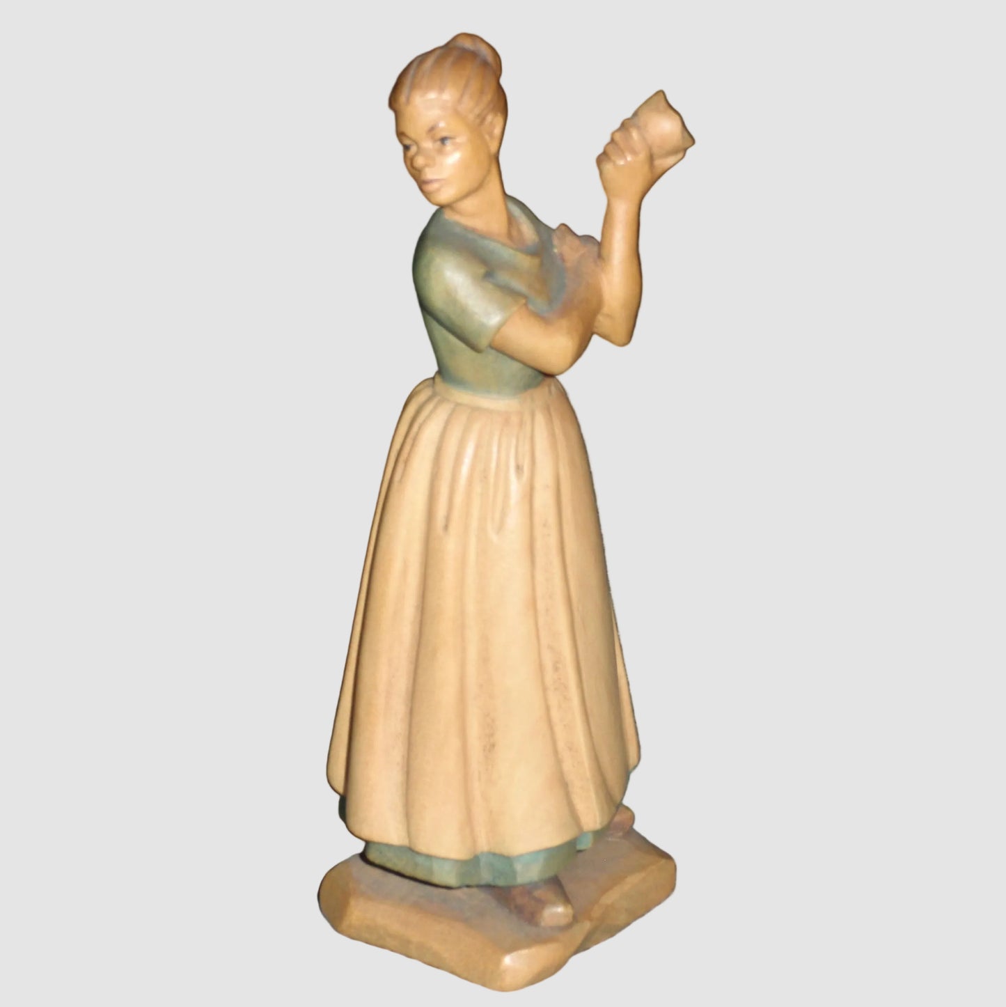 "Farm Woman Eating Fruit" Anri Wood Carving Figurine - Signed (5")