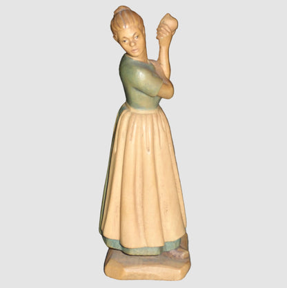 "Farm Woman Eating Fruit" Anri Wood Carving Figurine - Signed (5")