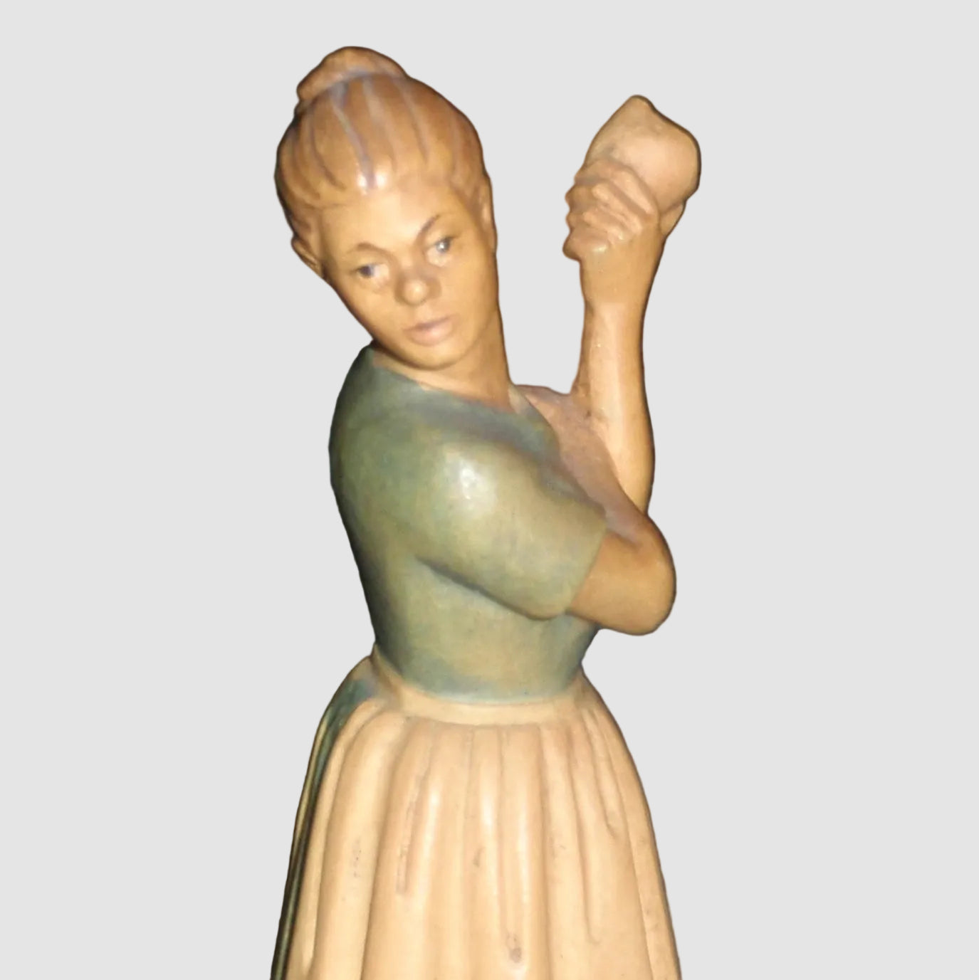 Anri Farm Woman Eating Fruit Wood Carving Figurine Signed Ulrich Bernardi Vintage Italy