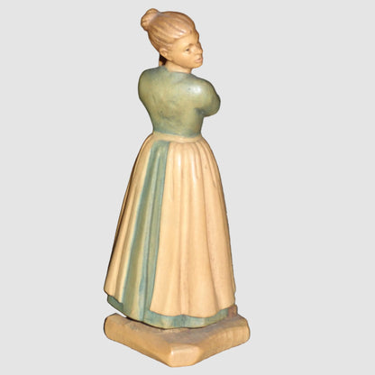 "Farm Woman Eating Fruit" Anri Wood Carving Figurine - Signed (5")