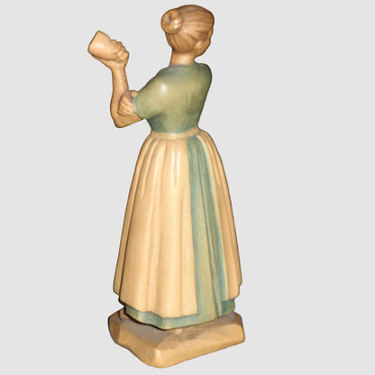 "Farm Woman Eating Fruit" Anri Wood Carving Figurine - Signed (5")