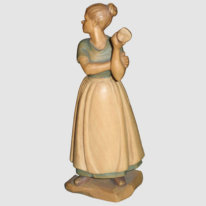 "Farm Woman Eating Fruit" Anri Wood Carving Figurine - Signed (5")