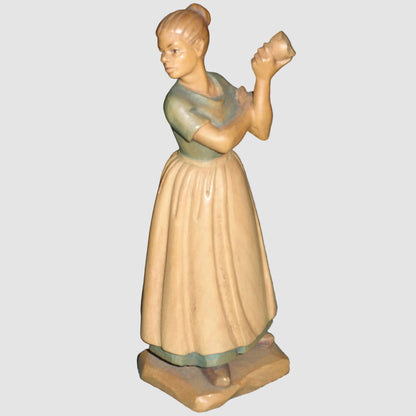 "Farm Woman Eating Fruit" Anri Wood Carving Figurine - Signed (5")