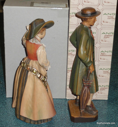 10" Anri Old Man Groedner & Old Woman Groedner Wood Carved Figurines Signed With Original Boxes - ULTRA RARE FIND!