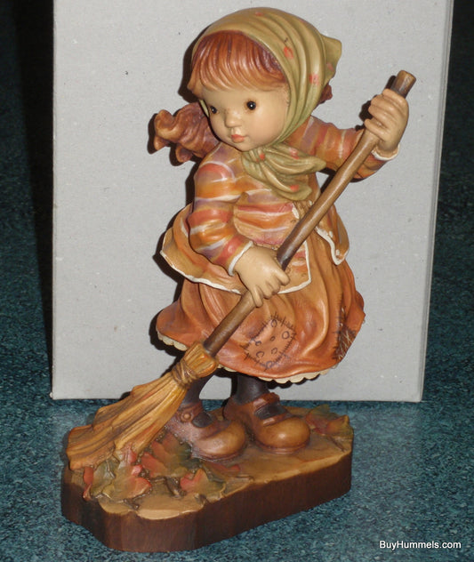 Anri 7" Sarah Kay "Autumn Magic" Girl Signed With Original Box - Adorable Little Girl Raking Leaves On Fall Day!