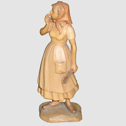 "Farm Woman With Spoon" Anri Wood Carving Figurine - Signed (5")